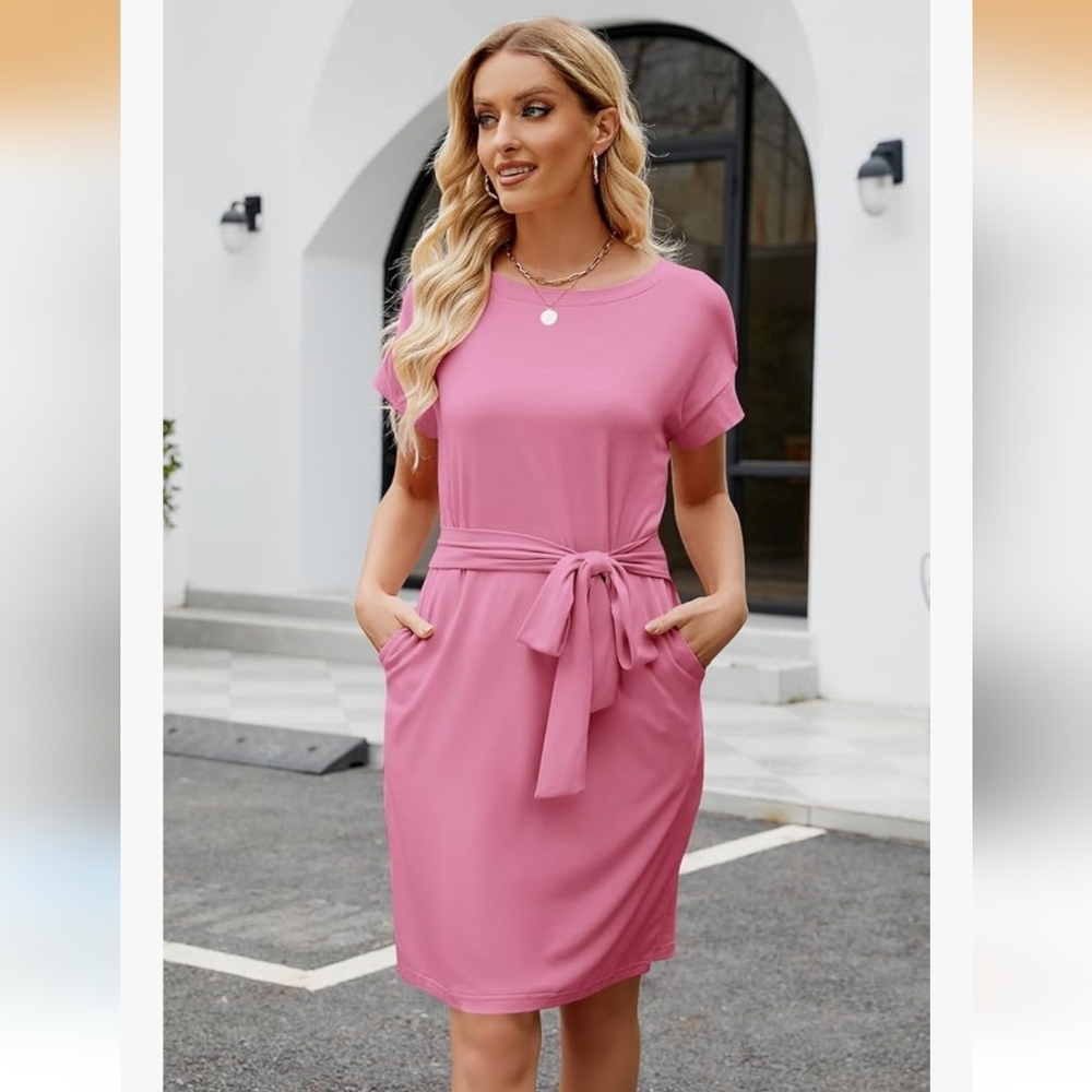MEROKEETY Women's Short Sleeve T Shirt Dress Casual Tie Waist with Pockets